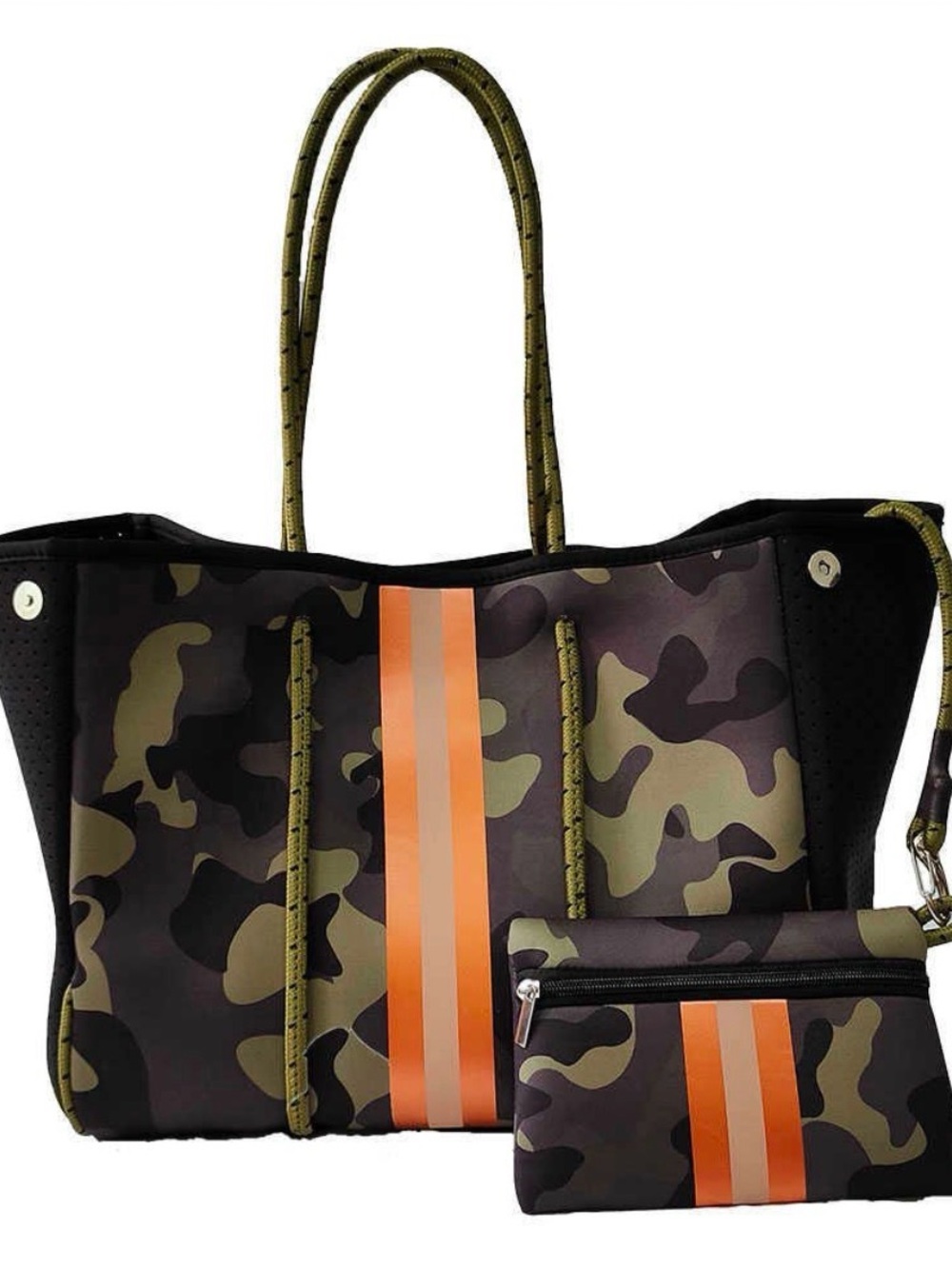 Lemonbella Camo Neoprene Tote Bag with Matching Zip Pouch | Copper Stripe
